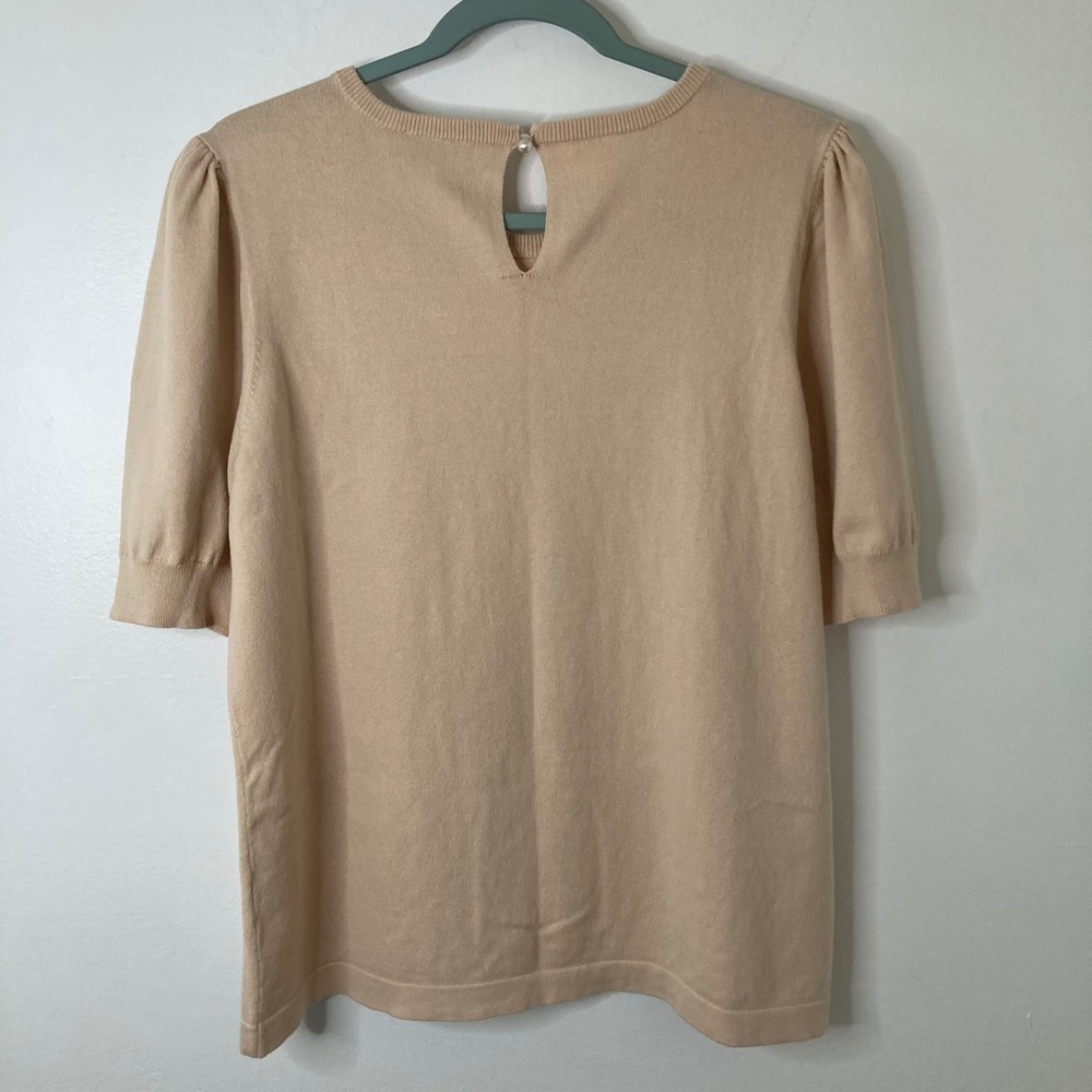 CeCe Puff Sleeve Pearl Keyhole Back Sweater Top Beige Tan L Coquette Office Chic - Picture 5 of 8
